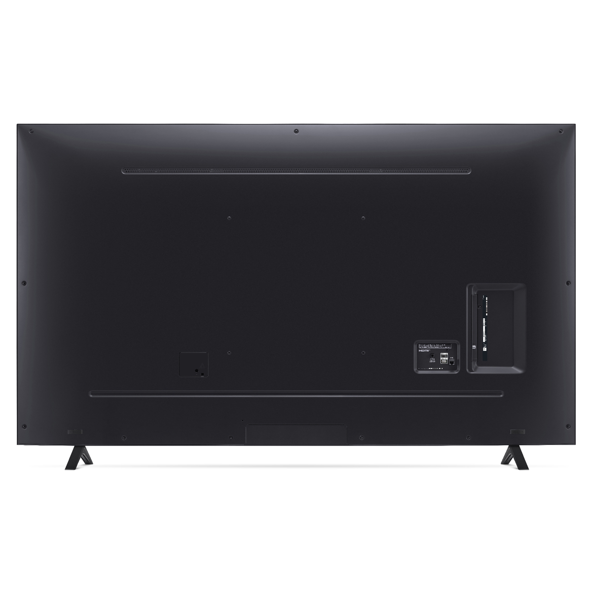 Parte trasera de un televisor negro. Puertos y soportes visibles.