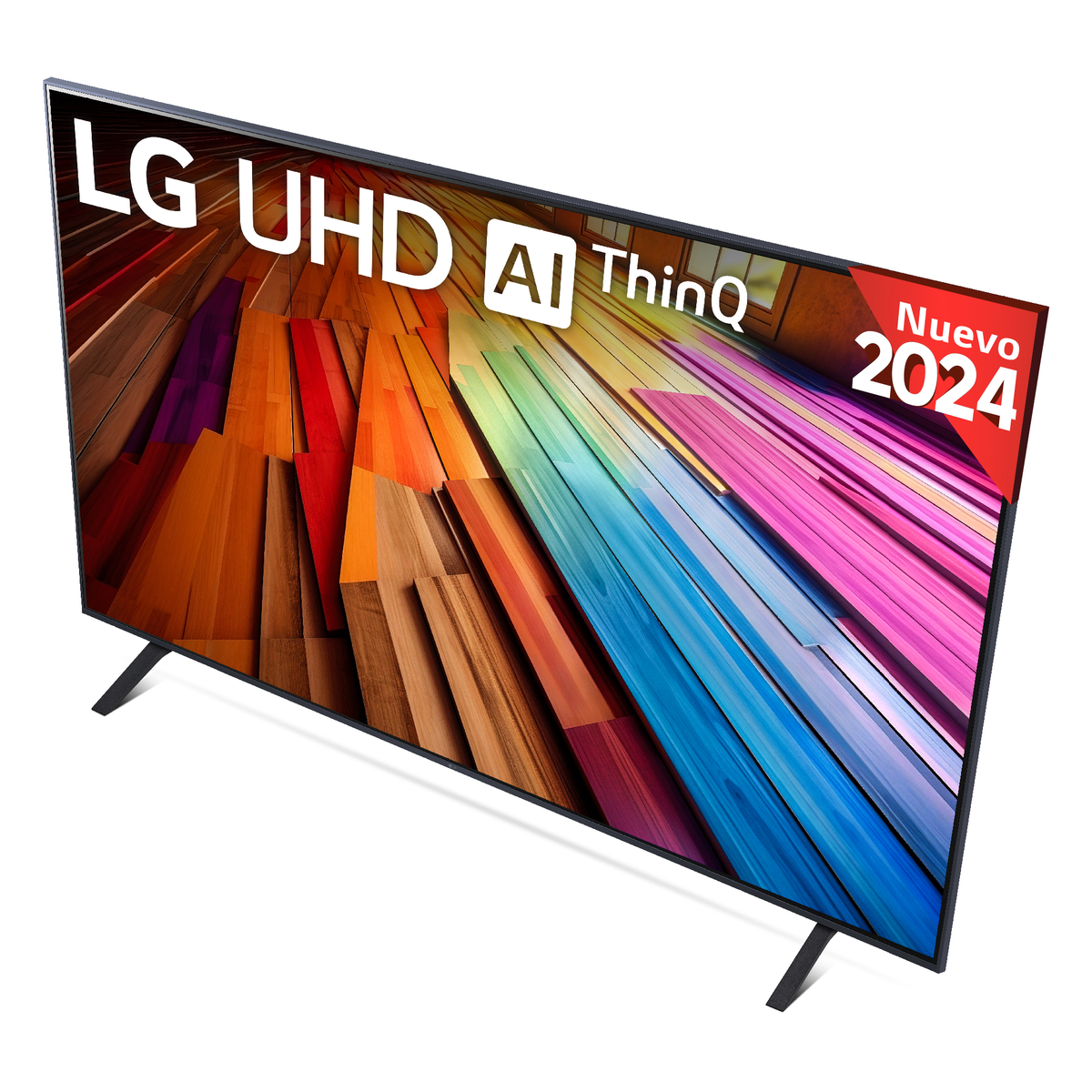 Televisor LG UHD con una pantalla colorida. Visible la etiqueta Nuevo 2024. El televisor está sobre un soporte negro.