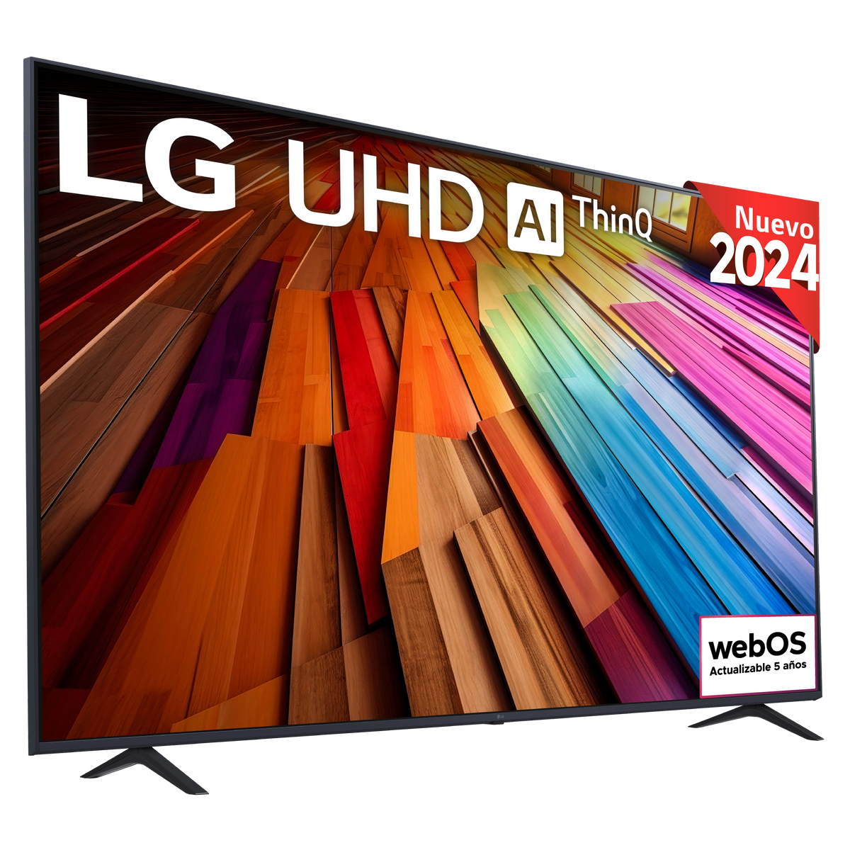 TV LG UHD, pantalla colorida, etiqueta 'Nuevo 2024', webOS y soporte negro.