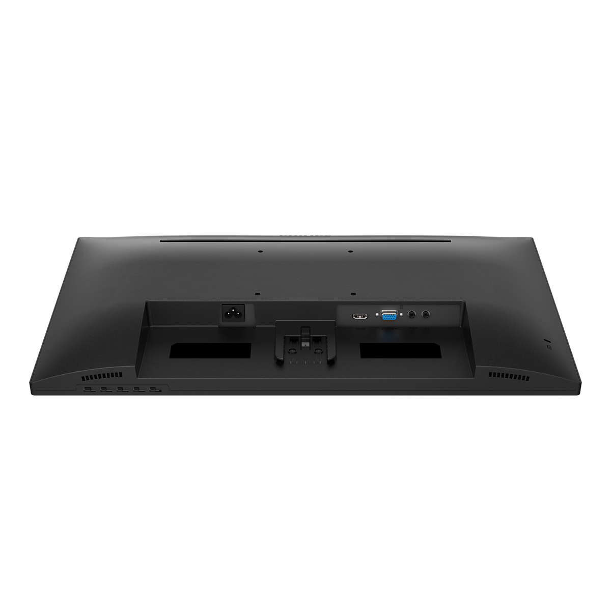 Parte trasera de un monitor negro, mostrando puertos y conexiones.