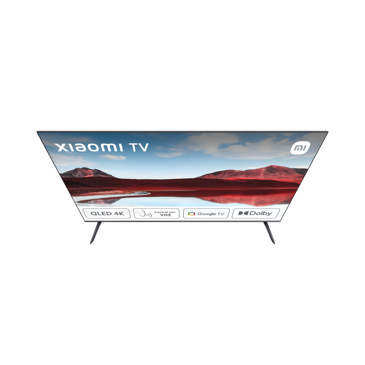 Top-down view of a Xiaomi TV on black background. Text: QLED 4K, Control by Voice, Google TV, Dolby.
