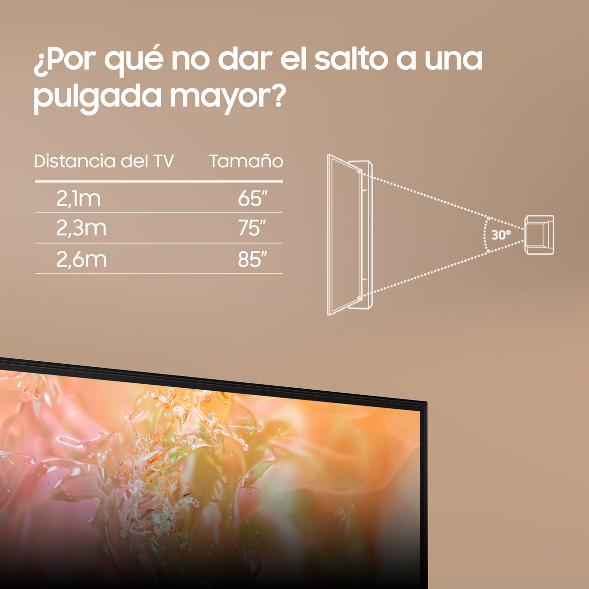 Pantalla de TV con texto sobre el tamaño de la pantalla y la distancia.