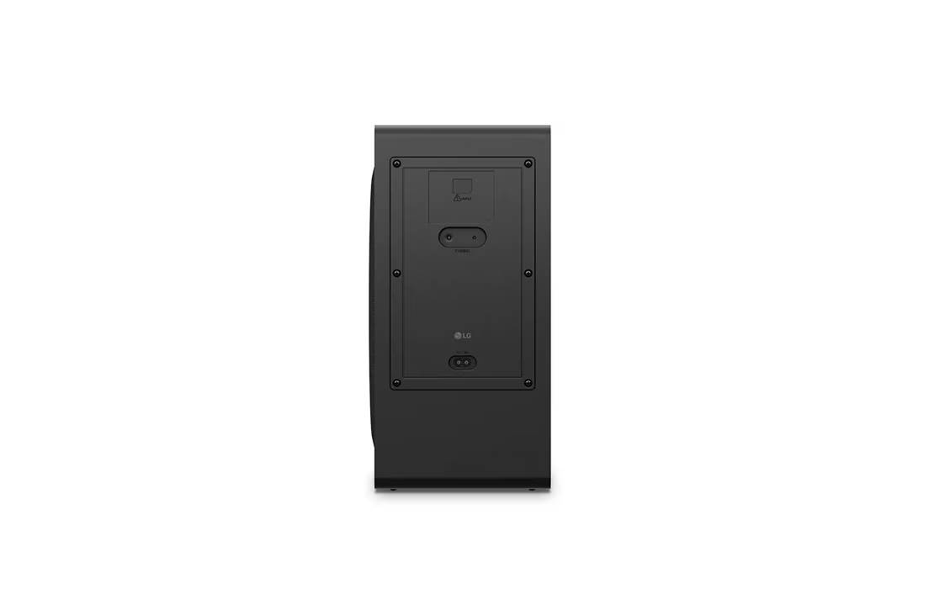 Panel trasero de barra de sonido negra con logotipo de LG y puertos de conexión.