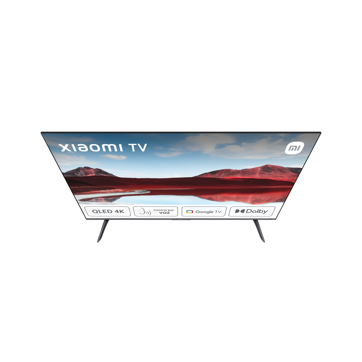 Xiaomi TV schuin. Toont een berglandschap. QLED 4K, spraakbesturing, Google TV, Dolby logo's.
