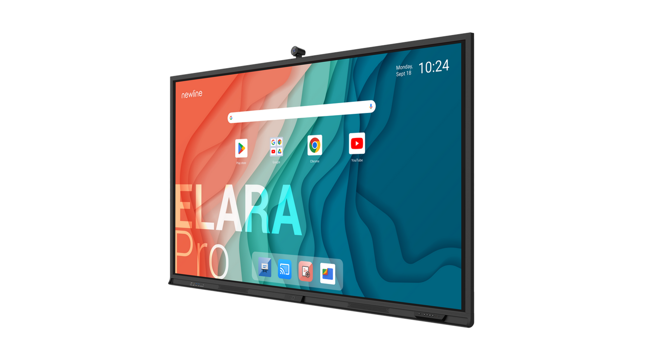 Una pantalla interactiva Newline Elara Pro que muestra una página web sobre un fondo negro.
