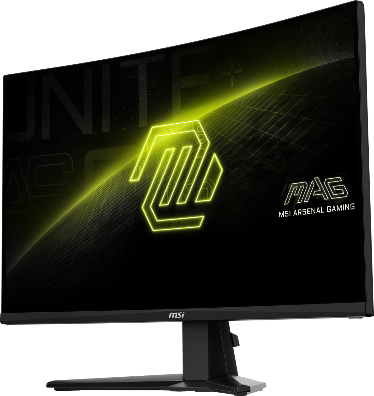 Zakrzywiony monitor gamingowy MSI z czarną ramką i żywym zielonym logo na ciemnym tle.