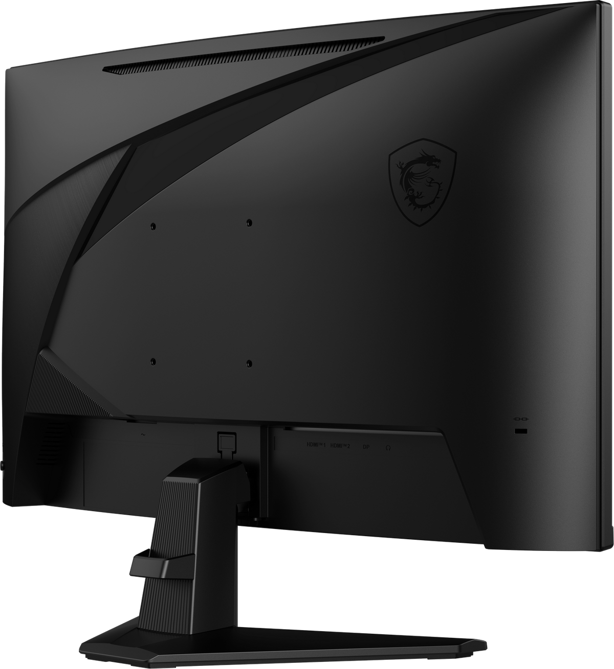 Tył czarnego monitora do gier MSI, z portami, podstawą i logo smoka.