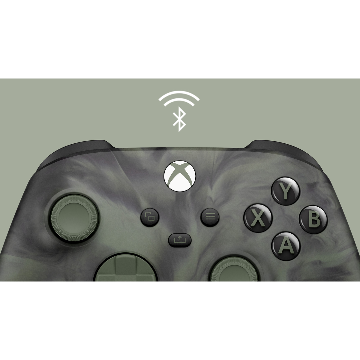Nahaufnahme eines Xbox-Controllers. Zu den Merkmalen gehören Tasten, ein Steuerkreuz und ein Bluetooth-Symbol.