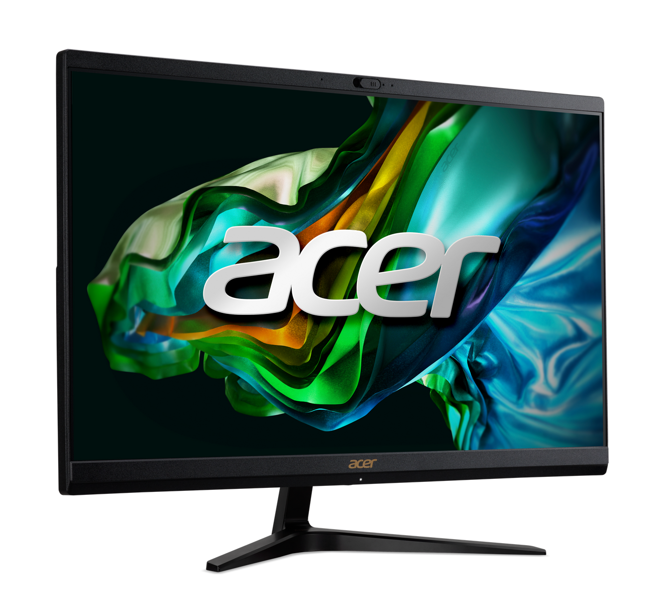 Un monitor de ordenador negro con la palabra Acer en blanco. La pantalla muestra formas abstractas y coloridas.