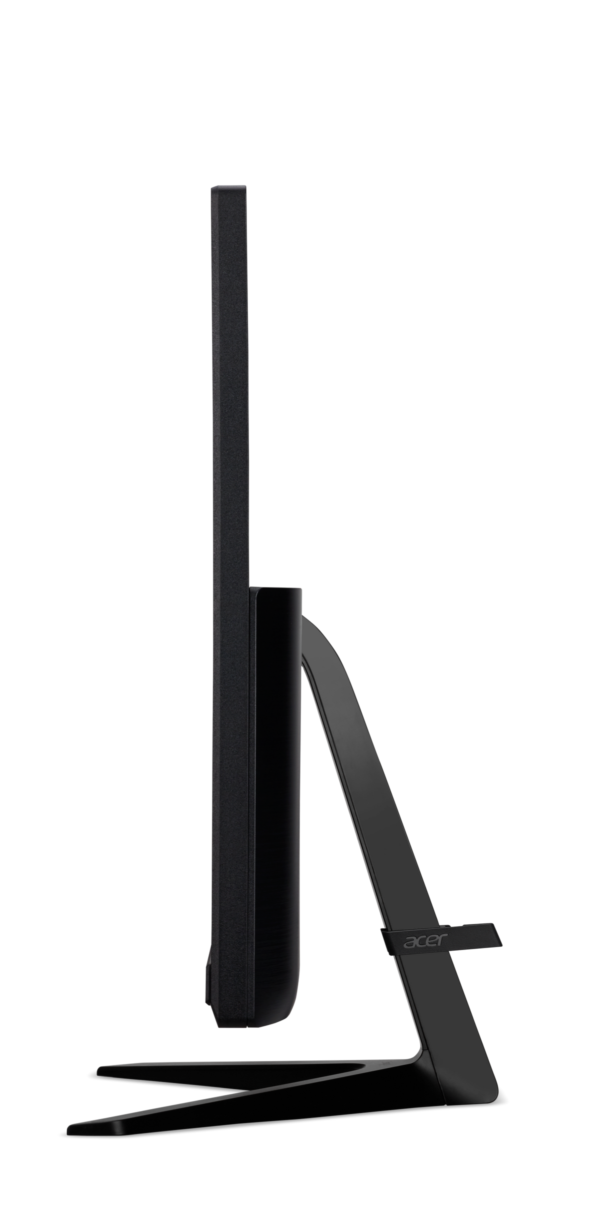 Un monitor con marco negro, vista lateral. El soporte y la parte trasera también son negros.