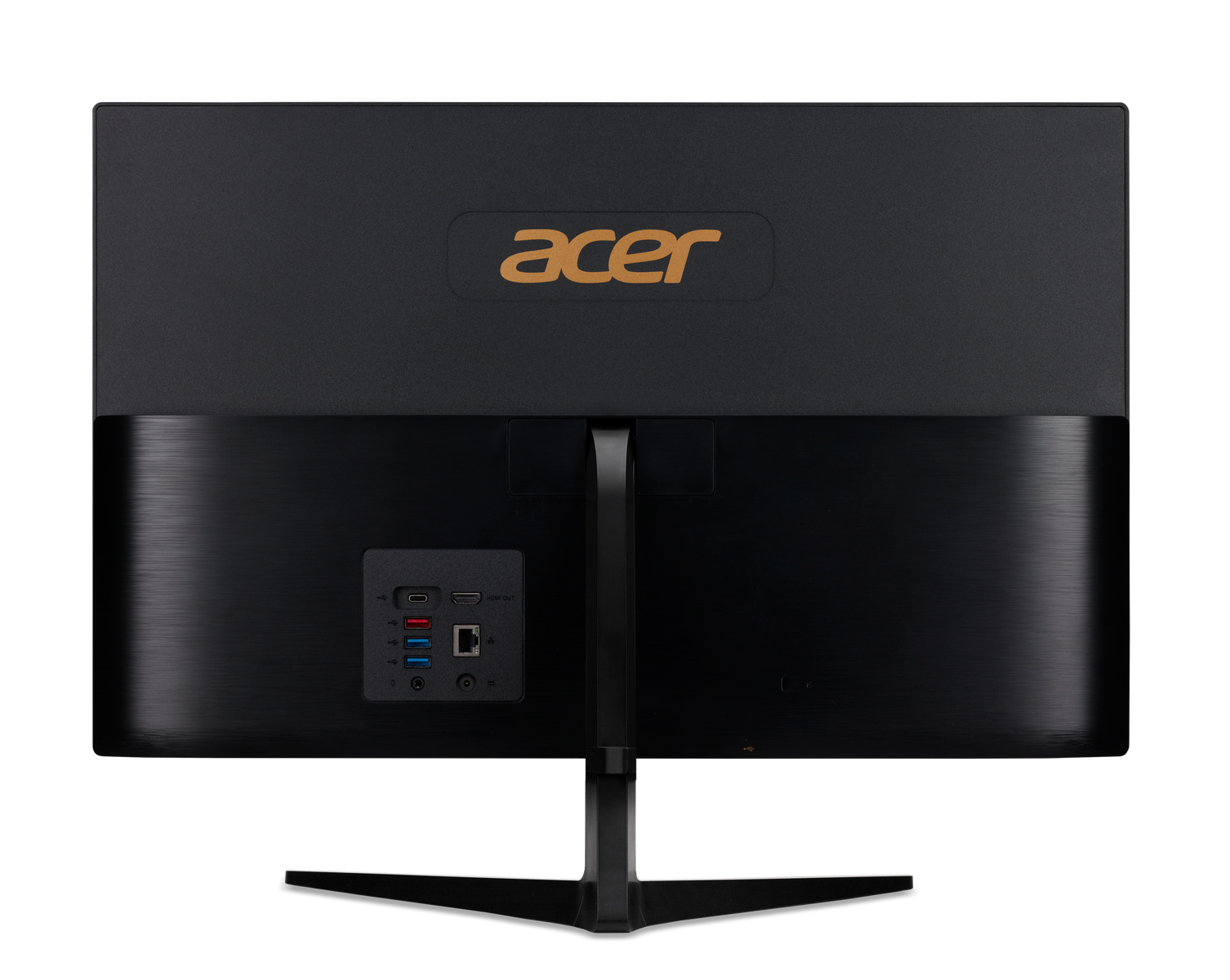 La parte trasera de un monitor de computadora negro con el logotipo de Acer en dorado y varios puertos visibles.