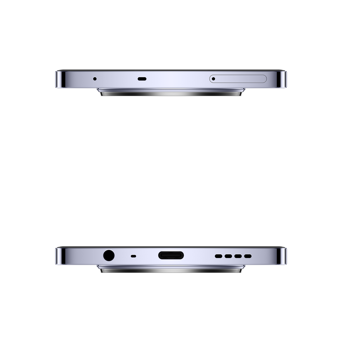 Dos bordes de teléfono lado a lado. Arriba: Plata, orificios y bandeja. Abajo: Plata, puertos y un orificio.