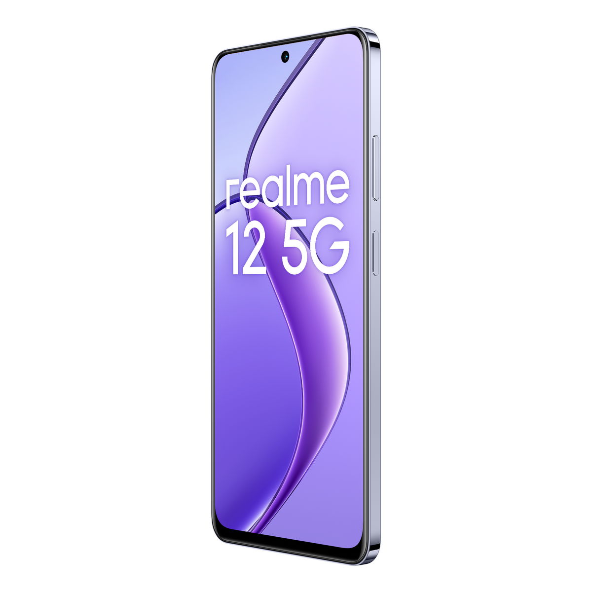 Un teléfono Realme 12 5G morado, vista en ángulo, con fondo blanco.