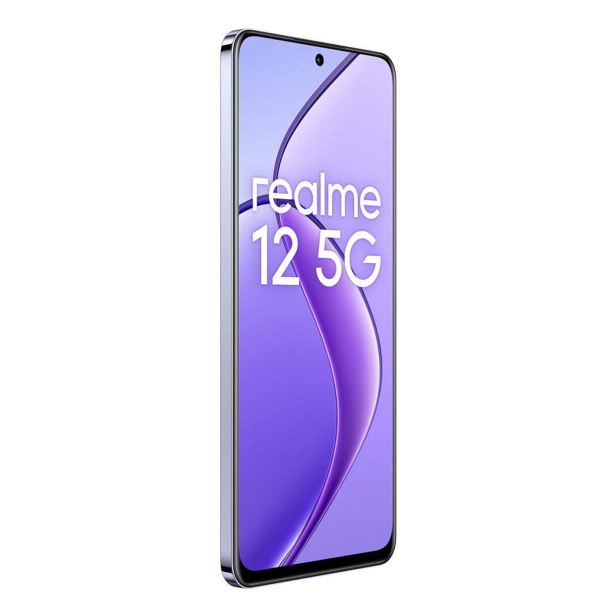 Un teléfono Realme 12 5G. Es un teléfono azul con una parte trasera curva y una pantalla.
