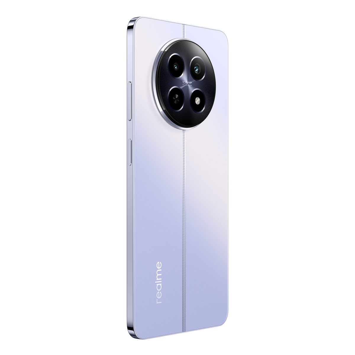 Un teléfono morado con protuberancia de cámara, logo realme en la parte trasera.