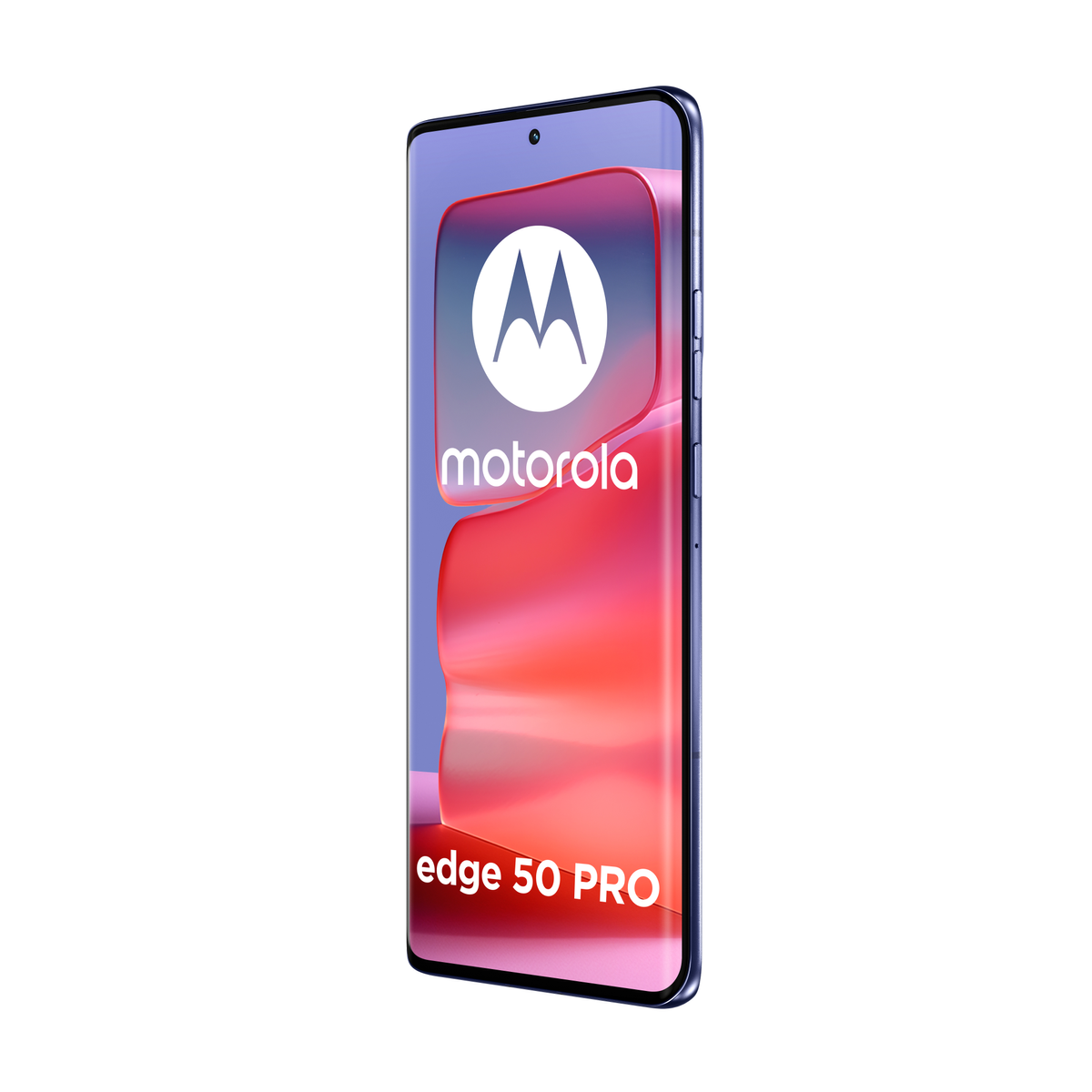 Telefon Motorola Edge 50 Pro. Ekran wyświetla kolorowy obraz z logo i nazwą marki.