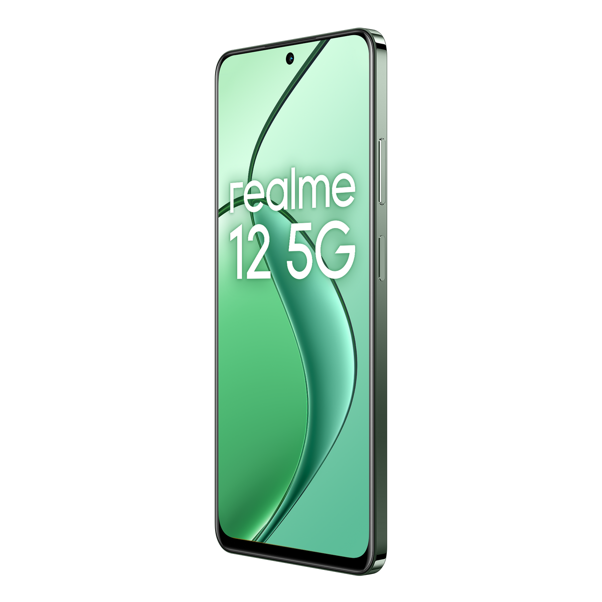 Teléfono inteligente verde. Pantalla muestra un diseño de onda verde y blanca. Fondo negro.