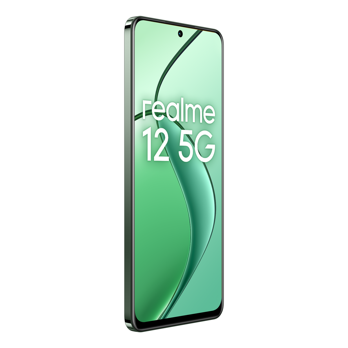 Teléfono Realme 12 5G, parte trasera degradada verde, texto blanco Realme 12 5G.