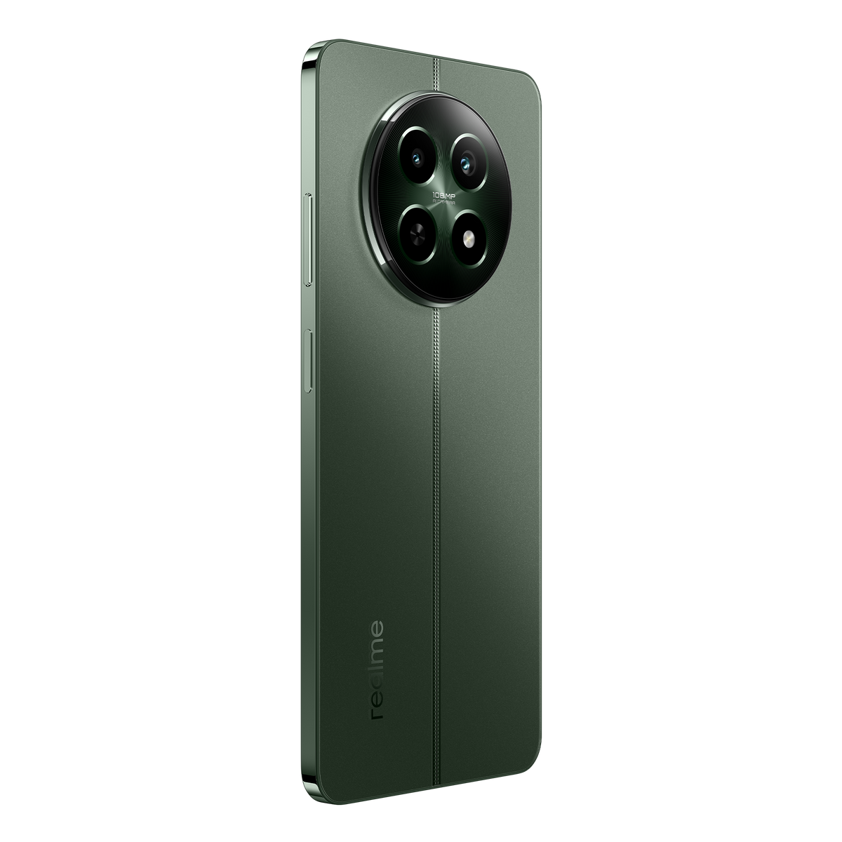Teléfono Realme verde, vista trasera, con un gran módulo de cámara y el logotipo de Realme.