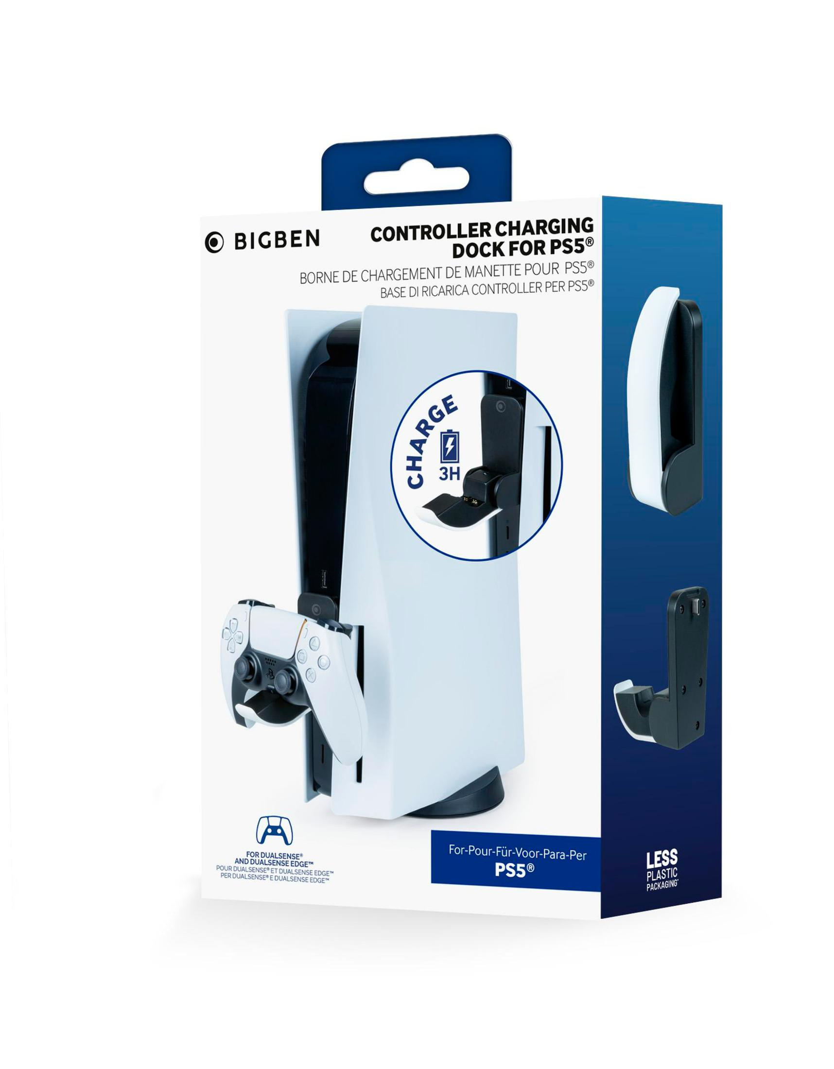 Bigben Controller-Ladestation für PS5, mit einer weißen PS5-Konsole und einem Controller.