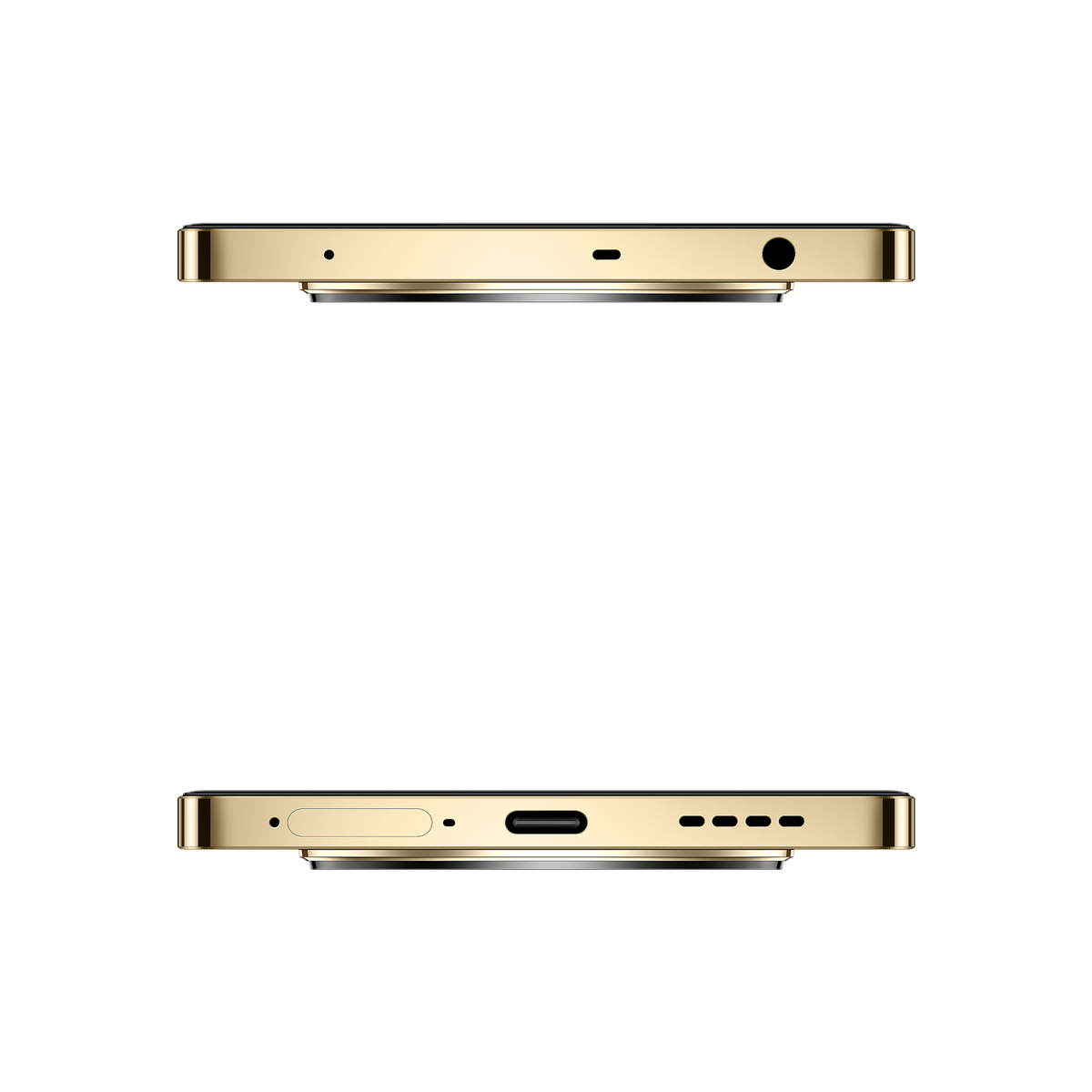 Vista superiore e inferiore di smartphone dorato. Sfondo nero.