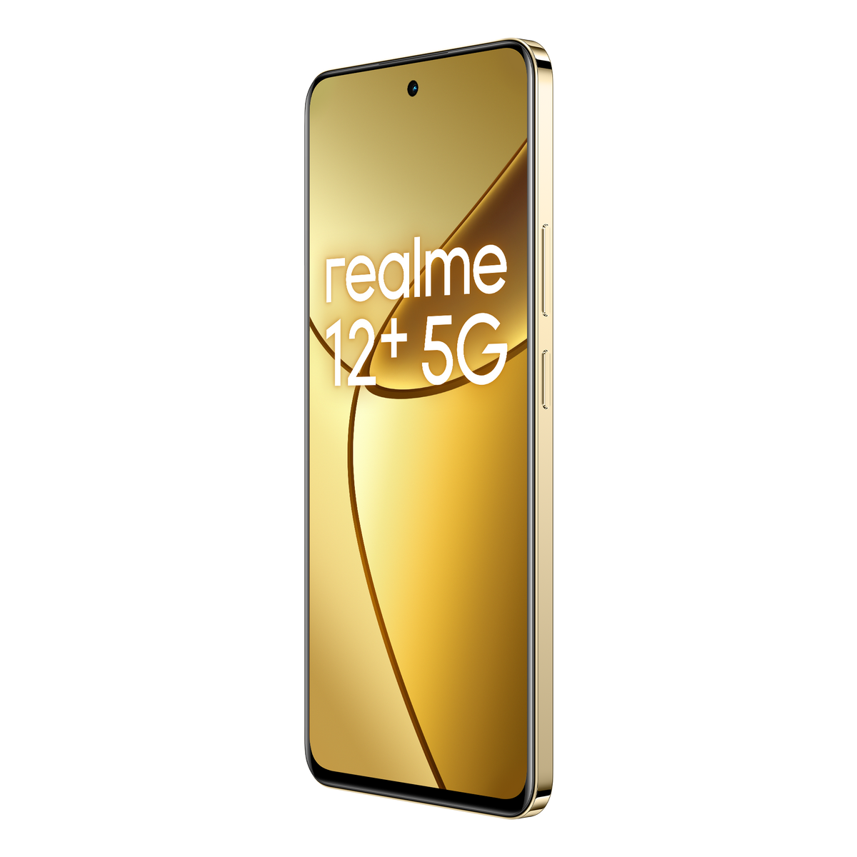 Telefono Realme 12+ 5G oro. Il telefono è angolato, mostrando lo schermo e una vista laterale.