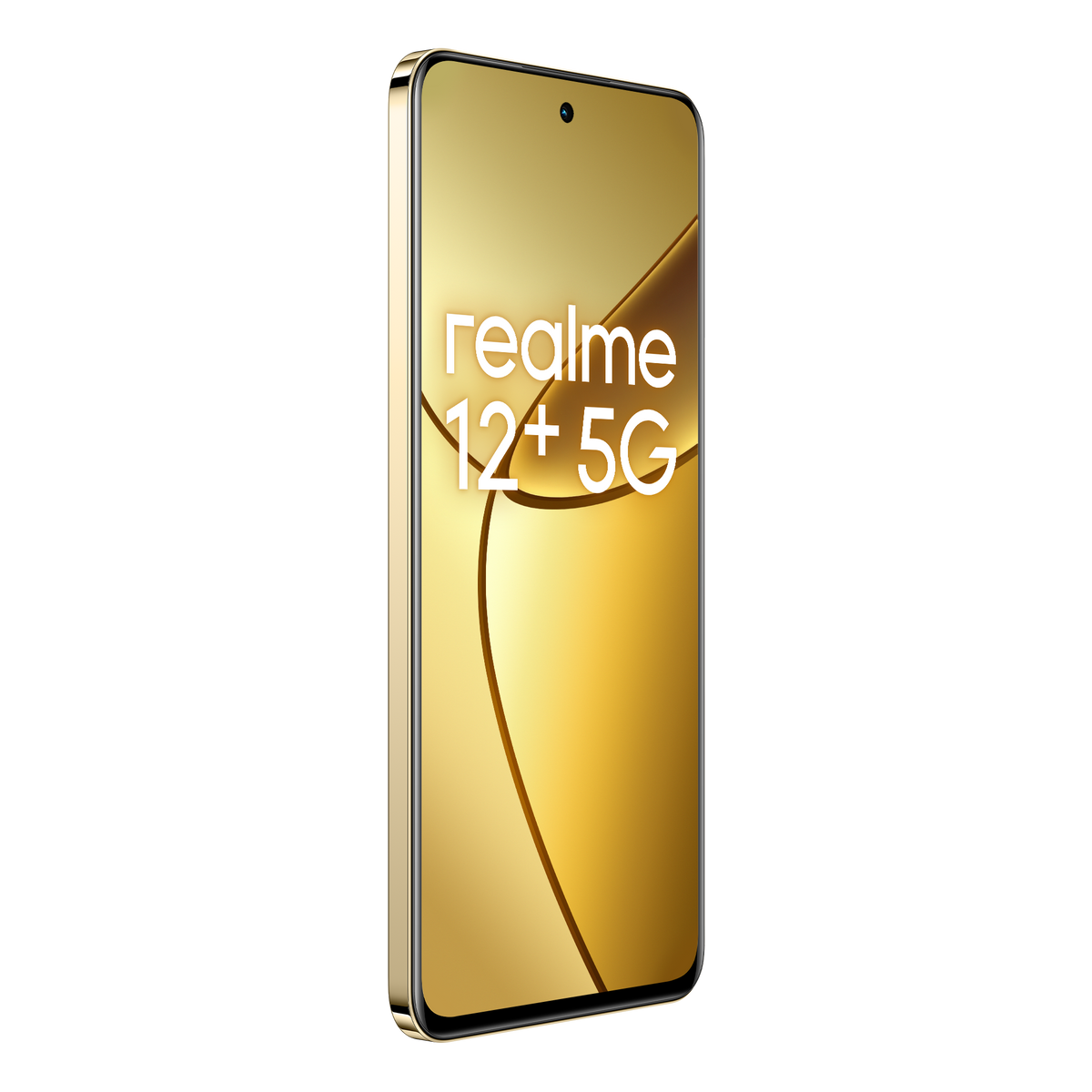 Smartphone Realme 12+ 5G dorato con un ampio schermo che mostra il logo Realme.