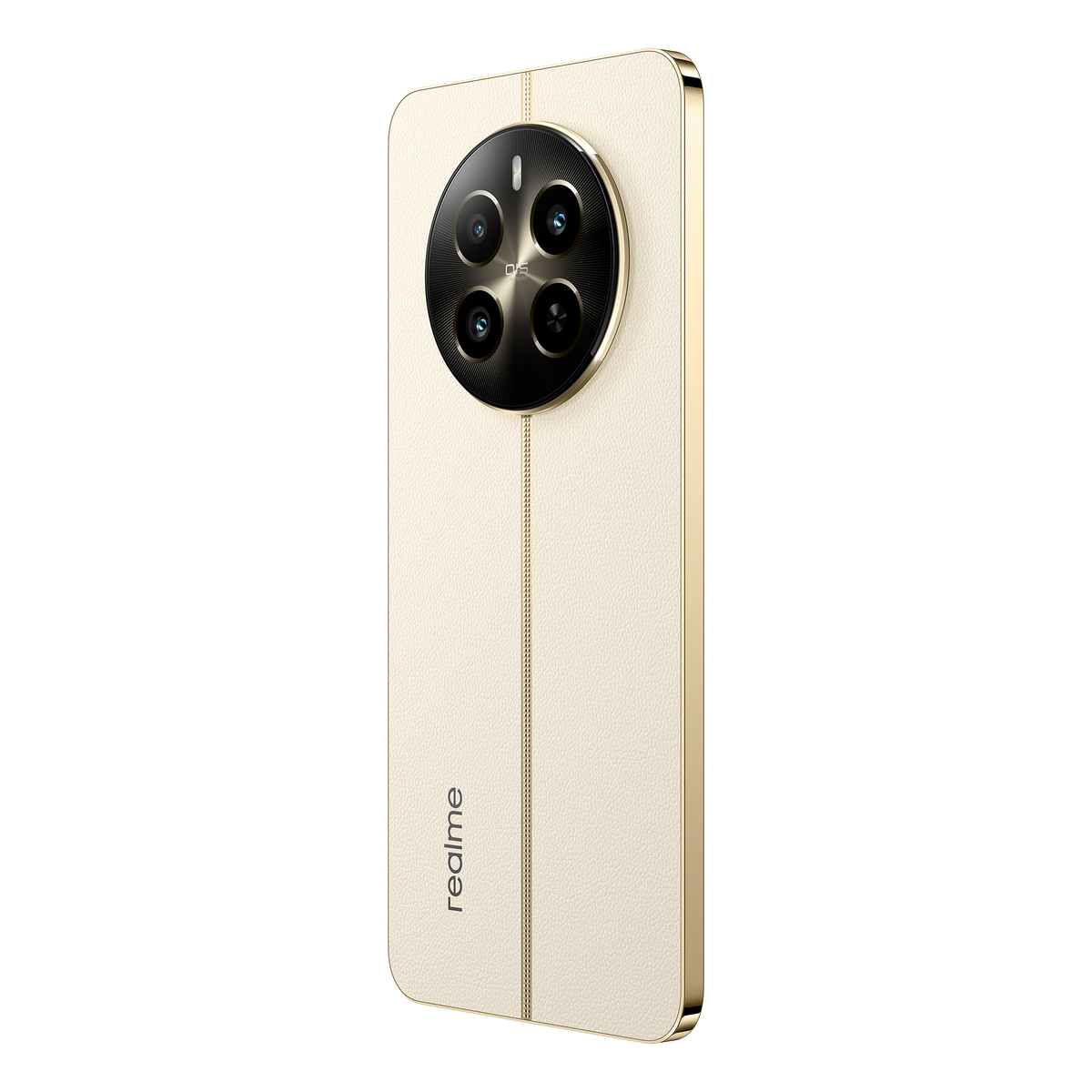 Telefono color crema con cornice dorata e grande configurazione fotocamera circolare sul retro.