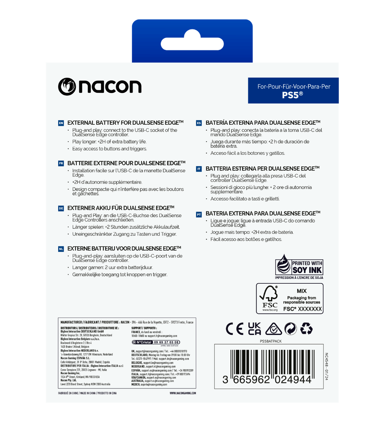 Opakowanie zapasowe baterii Nacon PS5. Tekst w wielu językach opisuje funkcje produktu.