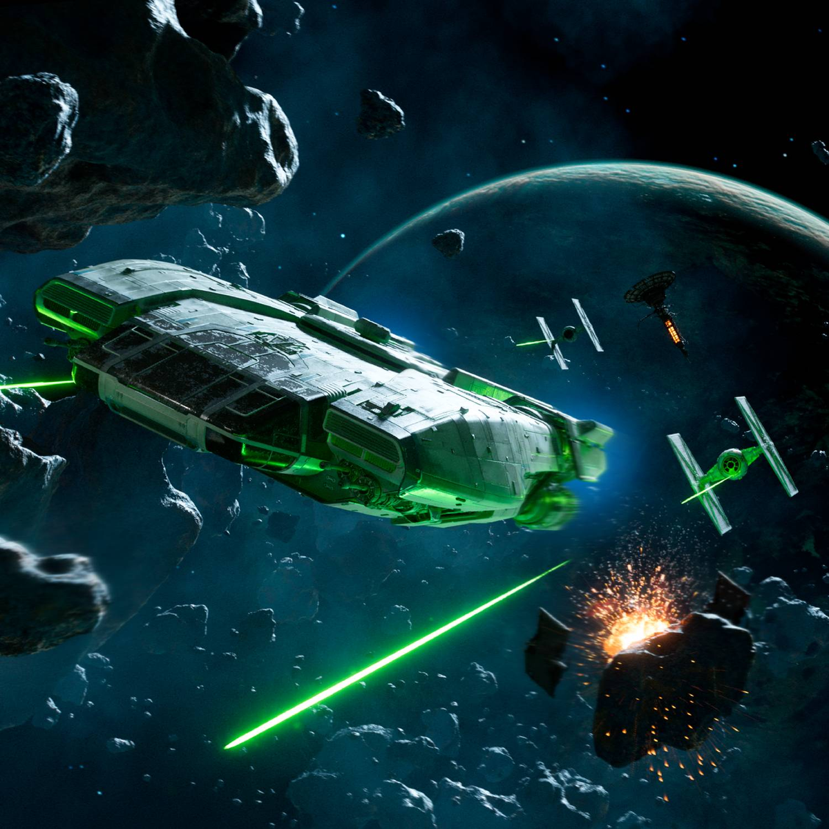 Escena espacial con una nave espacial, láseres verdes y cazas TIE.