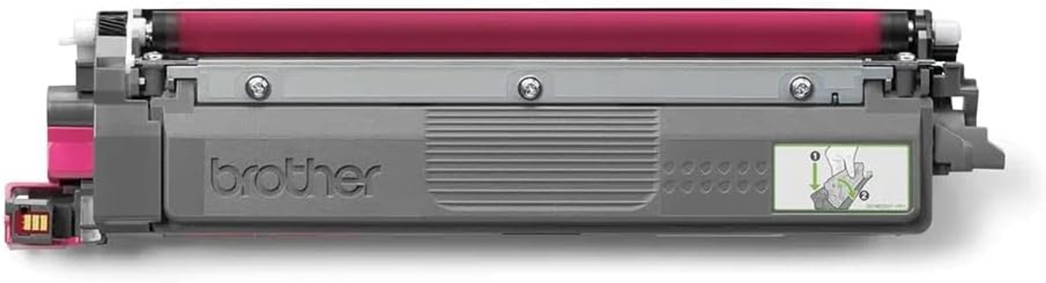 Magenta wkład z tonerem Brother. Ma różowy wałek i szary korpus z logo Brother.