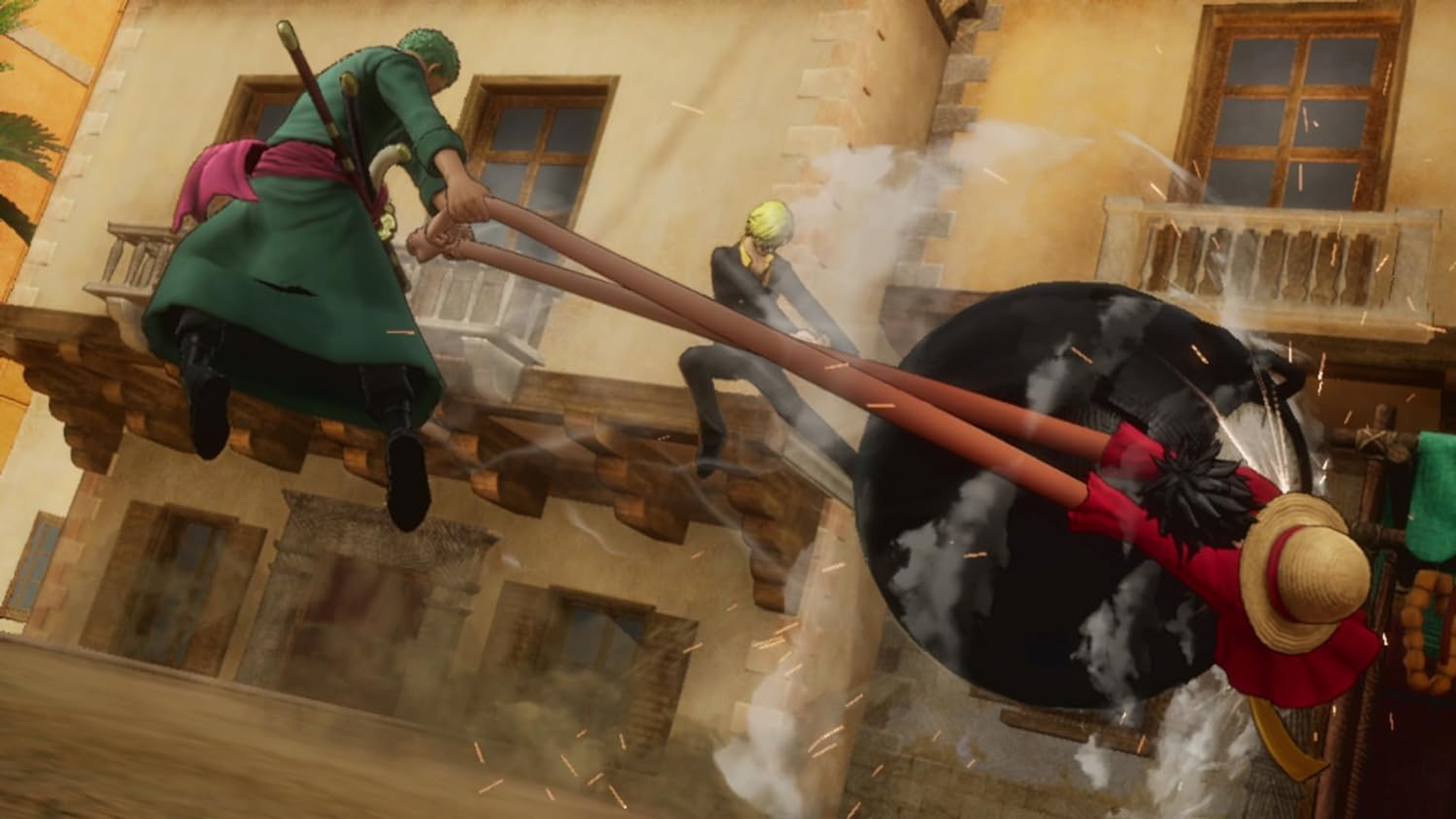 Postacie z One Piece pokazane w akcji, z bronią.