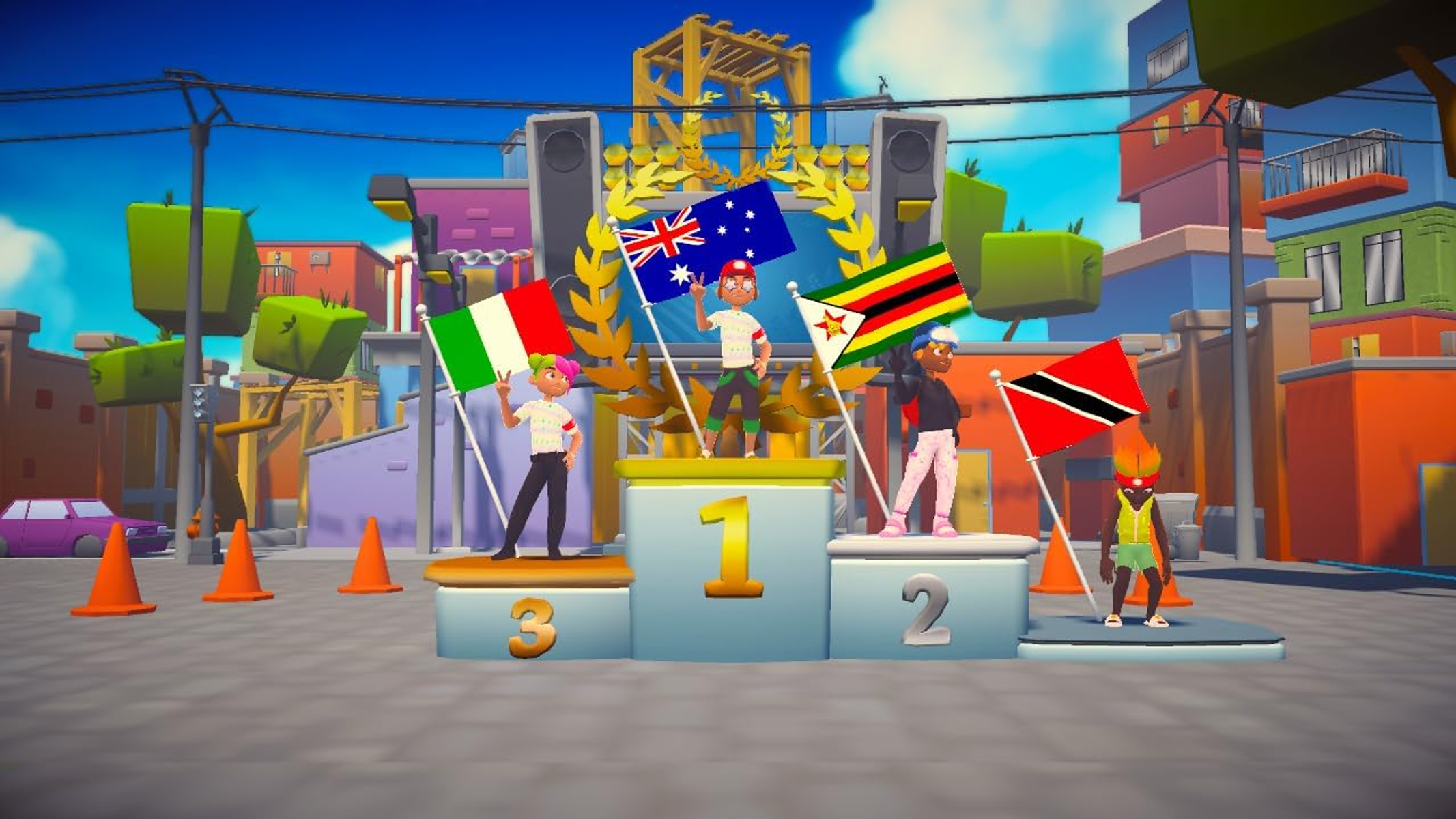 Cartoonowe podium z flagami Włoch, Australii, Zimbabwe i Trynidadu. Ludzie stoją na każdym podium.
