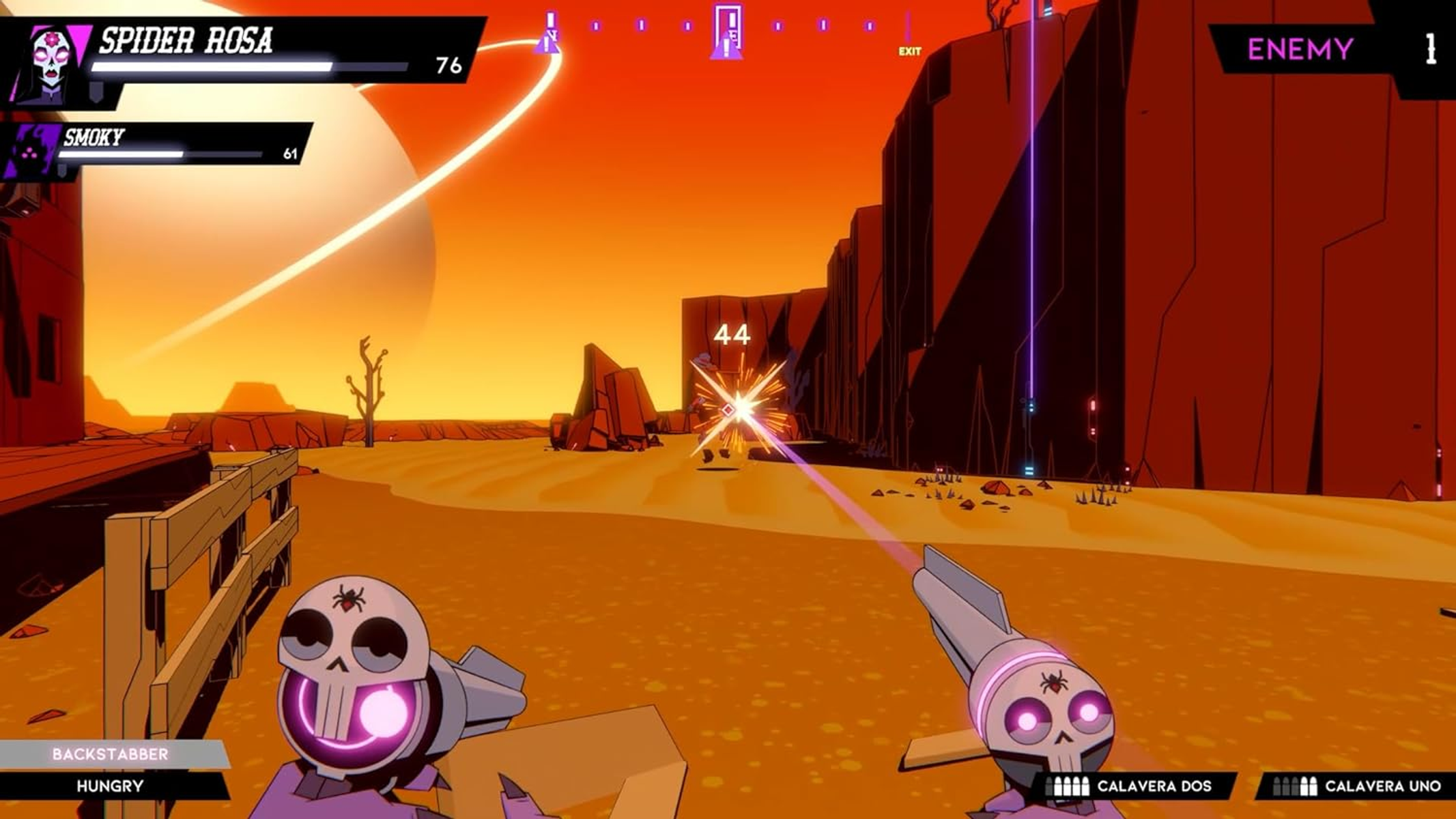 Scena di videogioco con due pistole a forma di teschio che sparano. Lo sfondo è un paesaggio desertico.