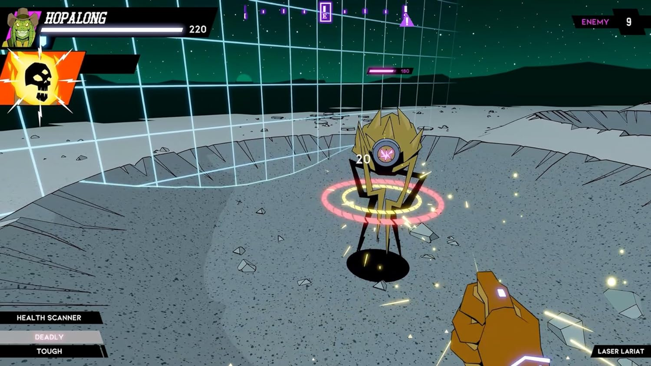 Escena de videojuego con alienígena y robot. El jugador sostiene un arma.