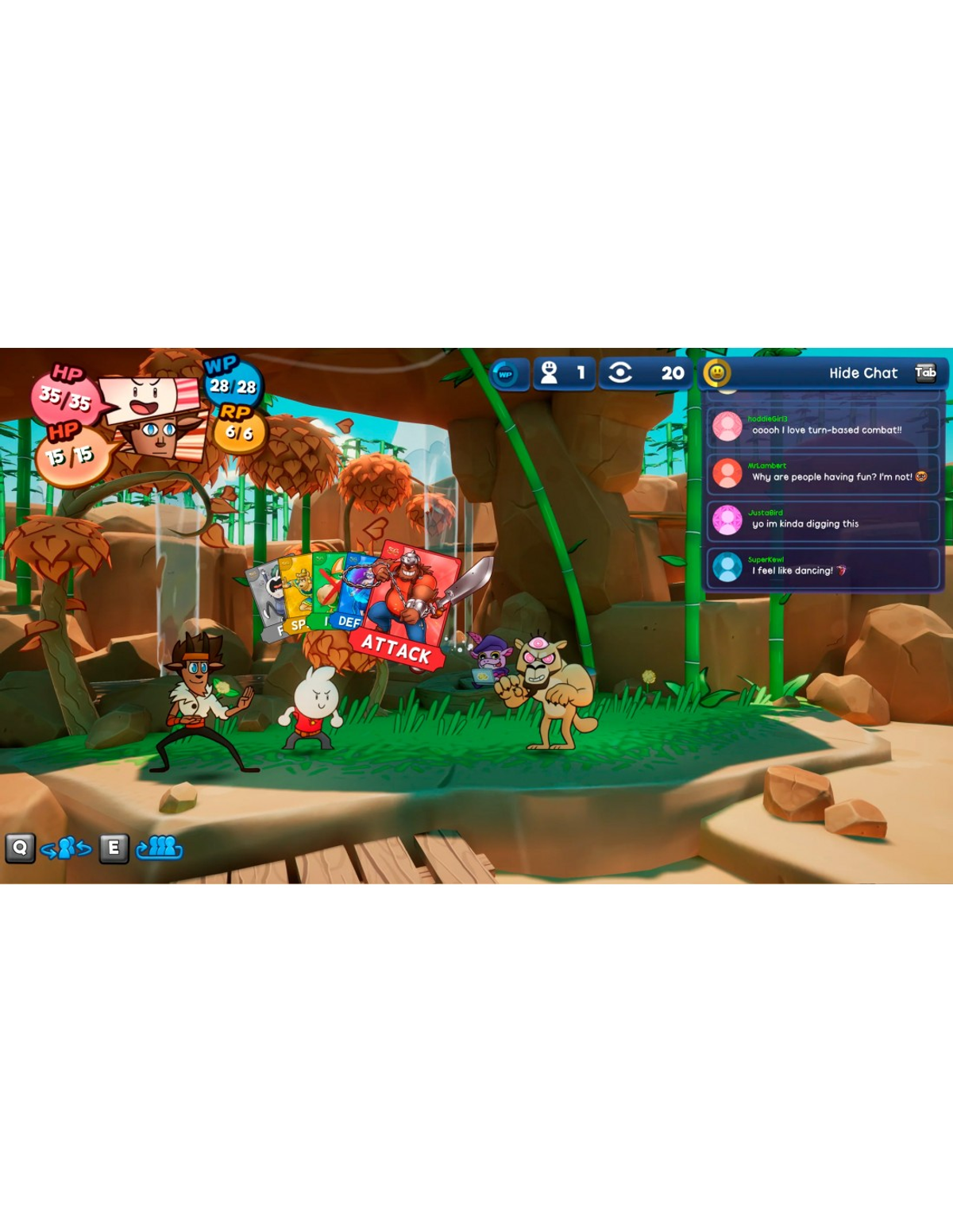 Captura de pantalla de un juego de combate por turnos colorido, con personajes y chat.