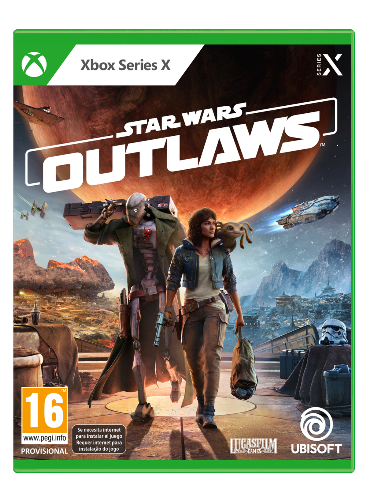 Caja del juego Xbox Series X con arte de Star Wars Outlaws con dos personajes y una escena espacial.