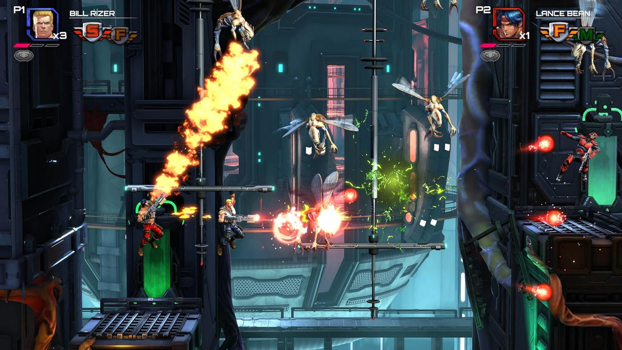 Una scena di videogioco con due personaggi che combattono contro nemici in un'ambientazione futuristica.