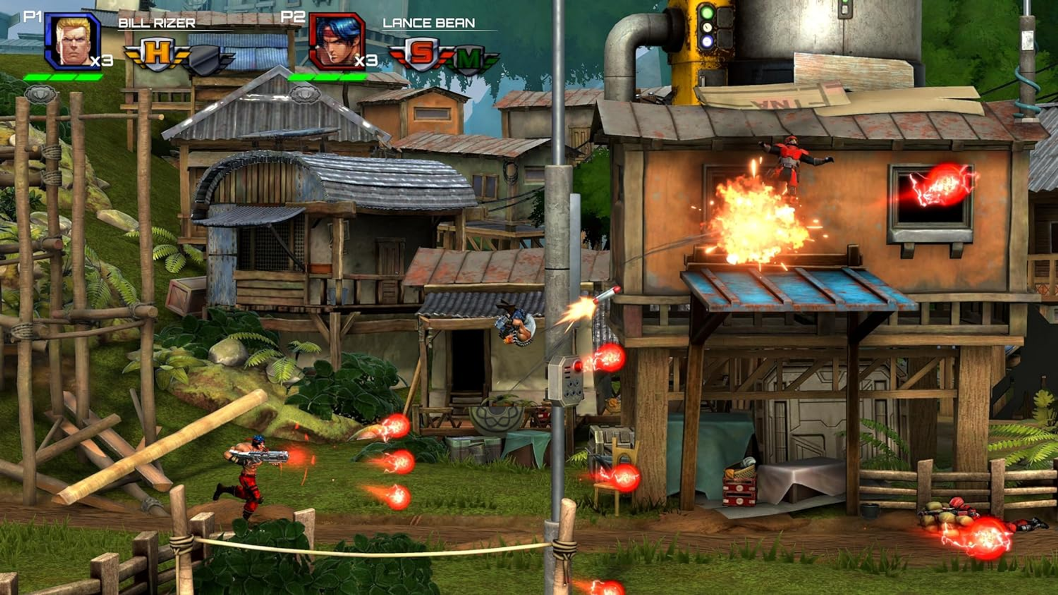 Uno schermo di gioco retrò con personaggi che combattono in una scena di villaggio, con esplosioni e spari.