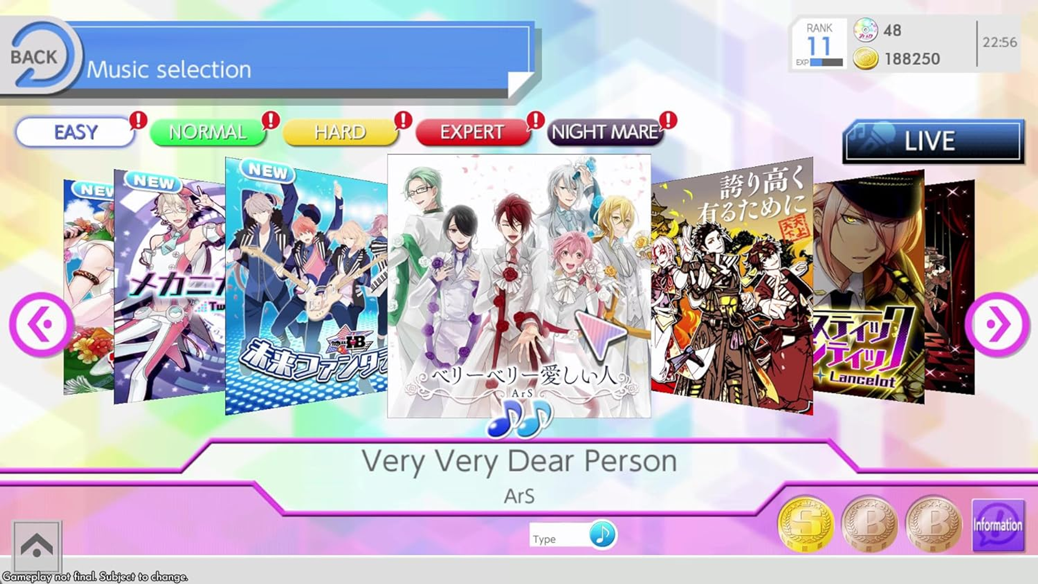 Una interfaz de juego móvil con diferentes cartas de personajes de estilo anime y un menú de selección de música.