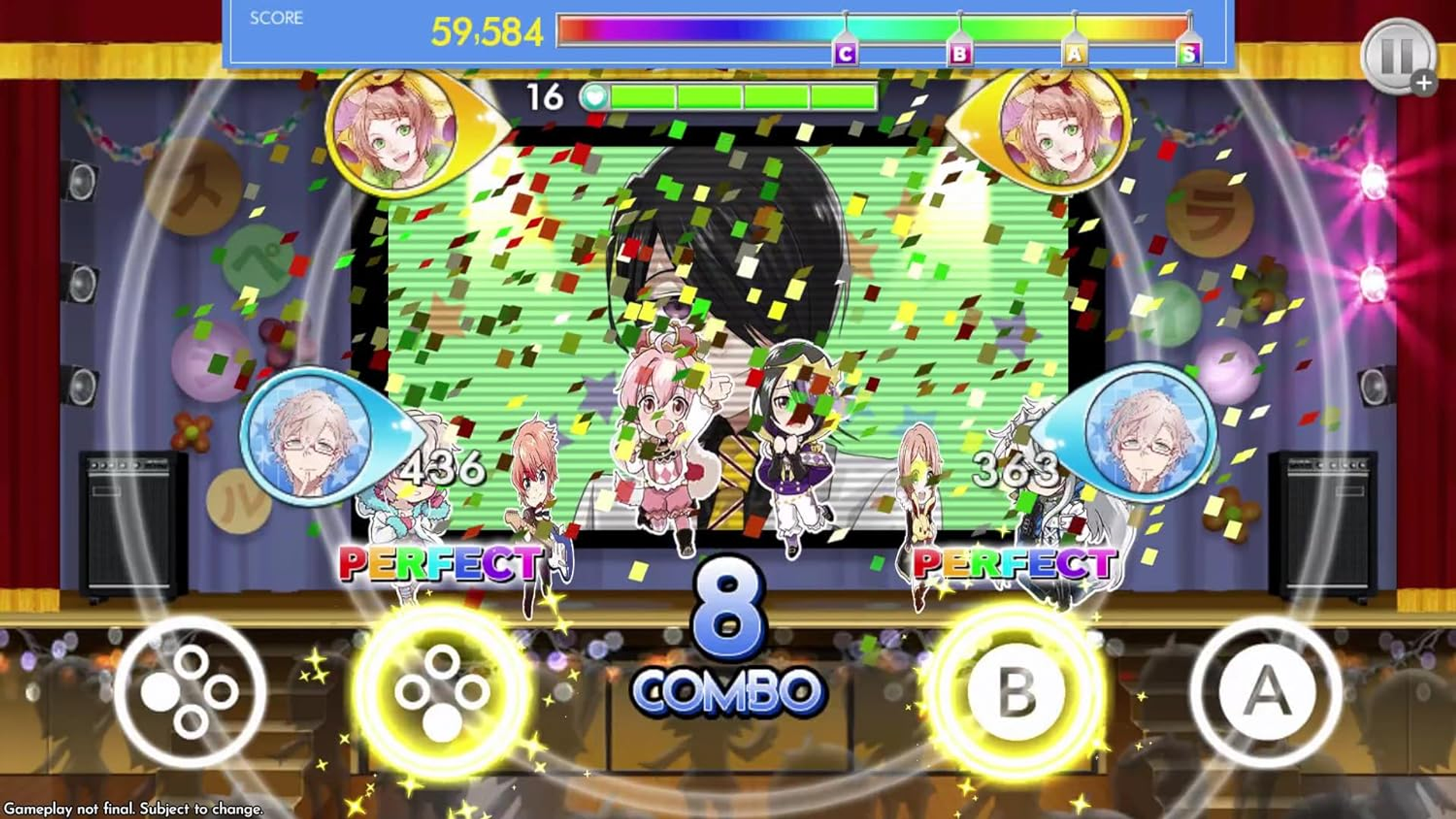 Interfaz de un juego de ritmo musical con personajes de dibujos animados, puntuación, combo y elementos interactivos.