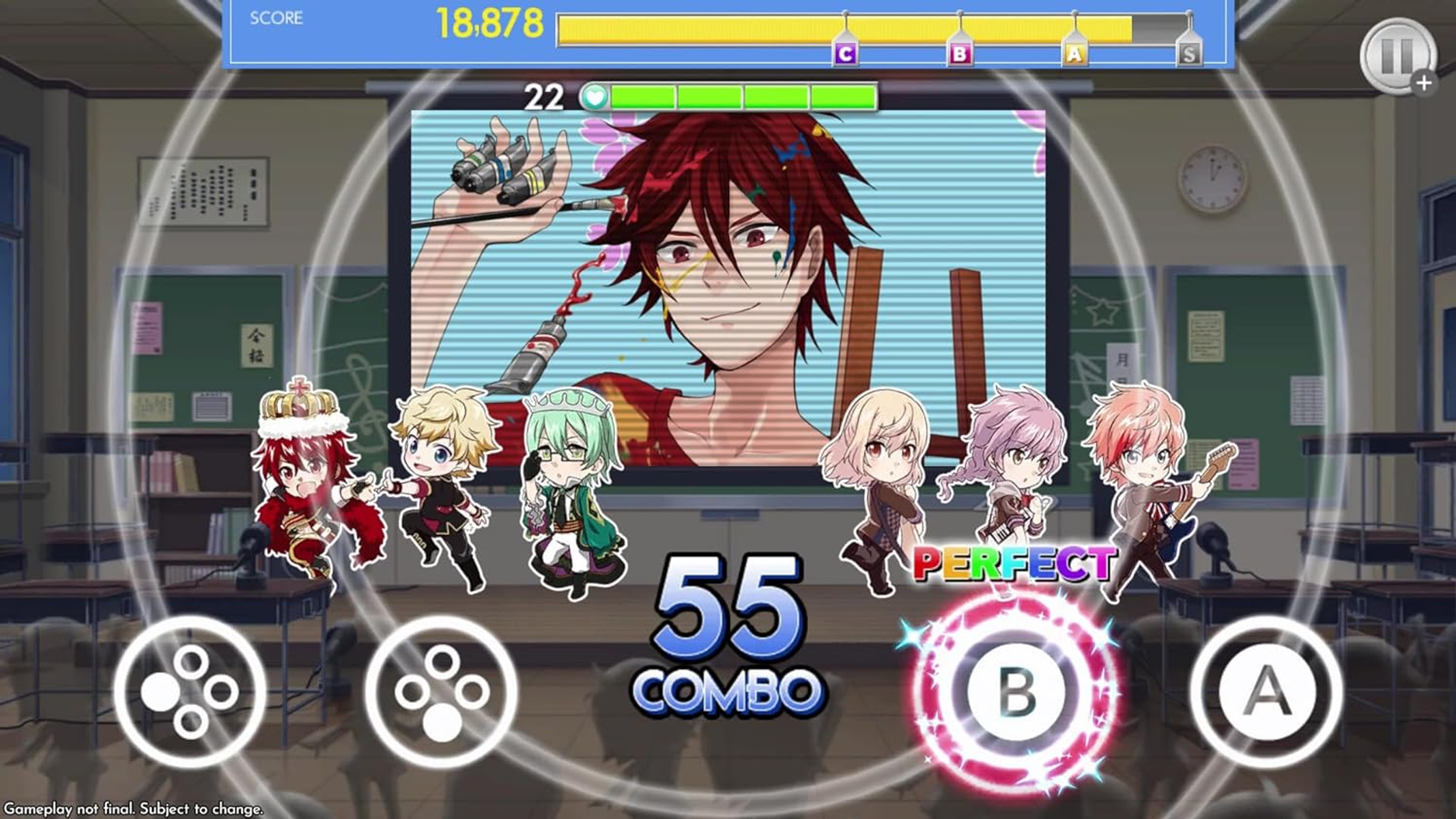 Schermata di gioco con personaggi anime, punteggio e contatore combo. Lo sfondo è un'aula.