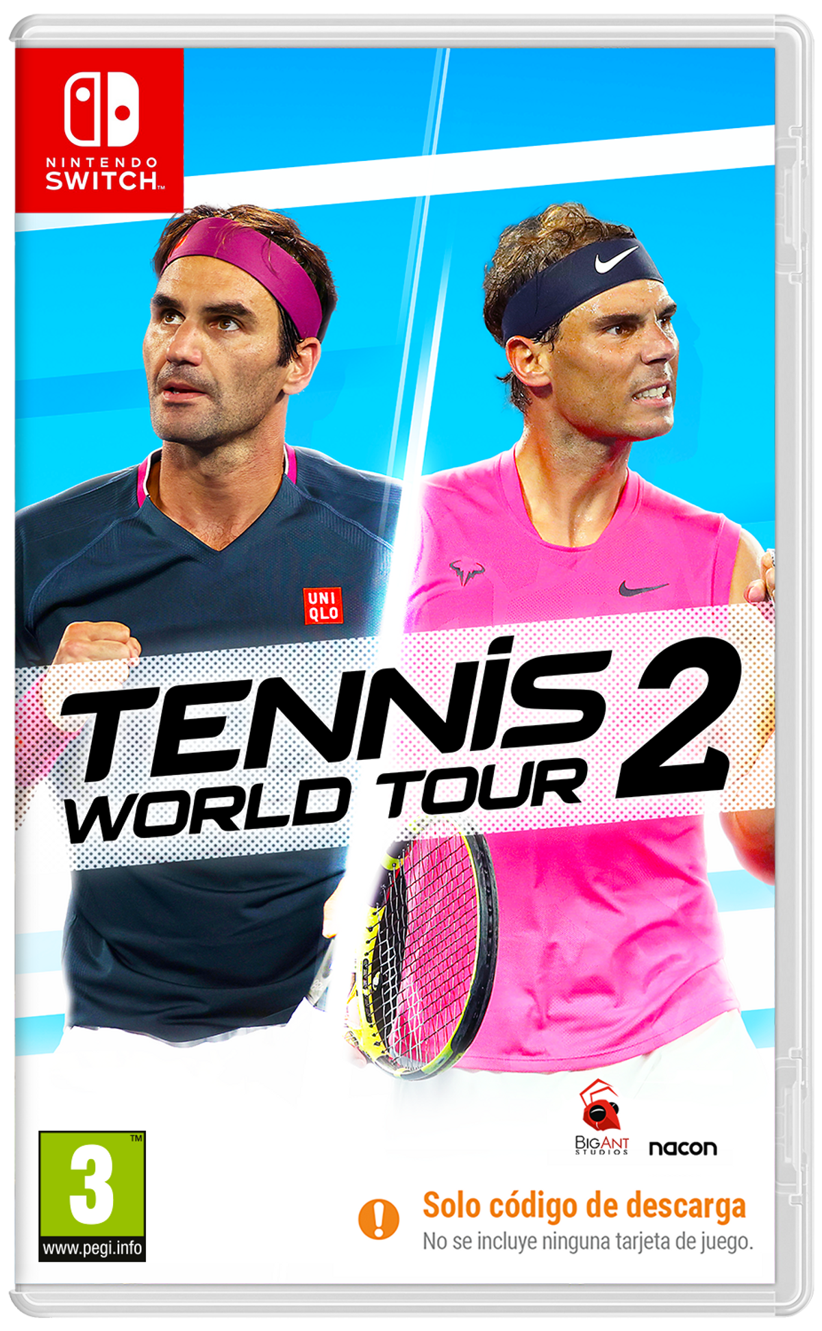 Okładka gry Tennis World Tour 2 z Nadalem i Federerem, logo Nintendo Switch.