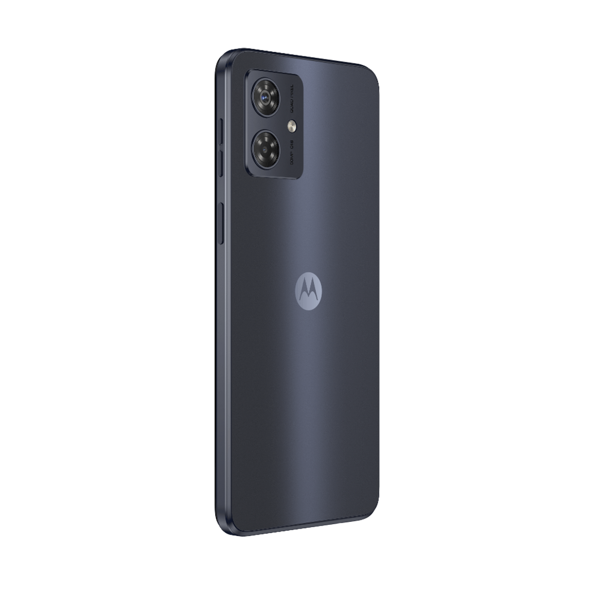 Un teléfono Motorola azul oscuro por la parte trasera. Tiene una cámara y el logo de Motorola.