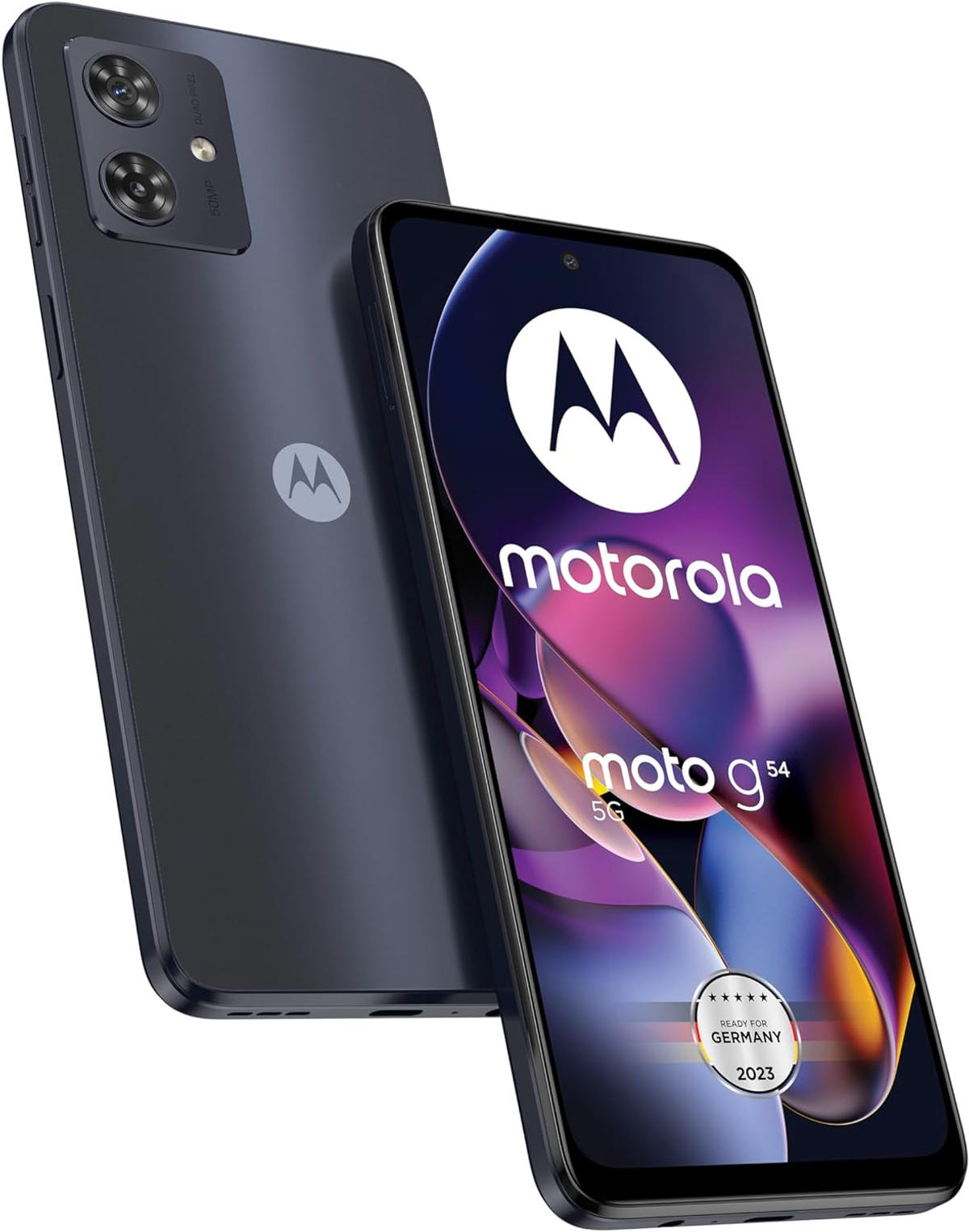Un teléfono Motorola azul marino con cámara dual. La pantalla muestra un logotipo y las palabras 'motorola moto g54 5G'.