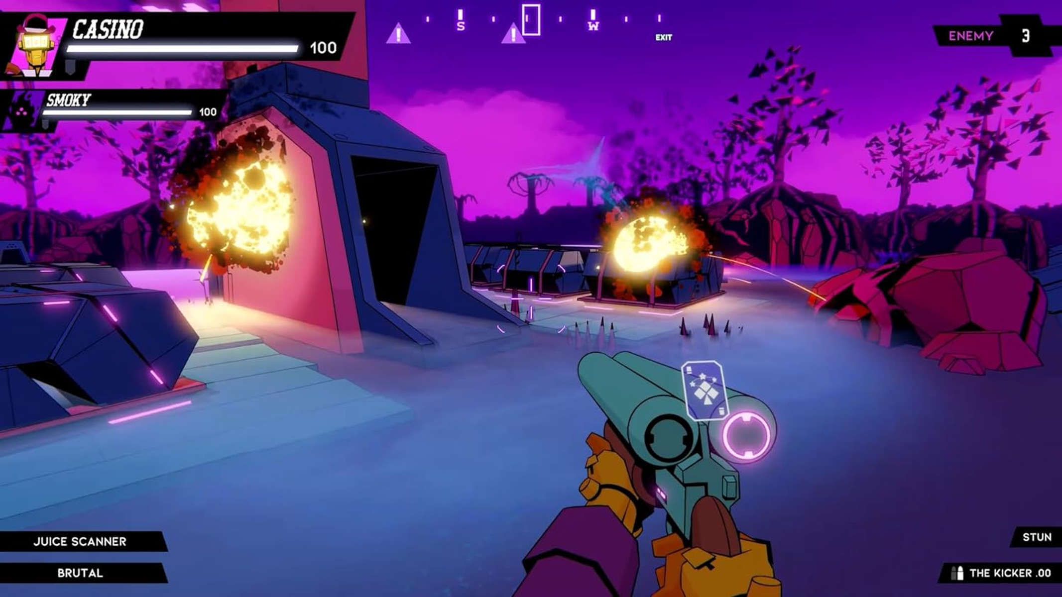 Escena de juego de disparos en primera persona con explosiones en un paisaje púrpura y un arma.