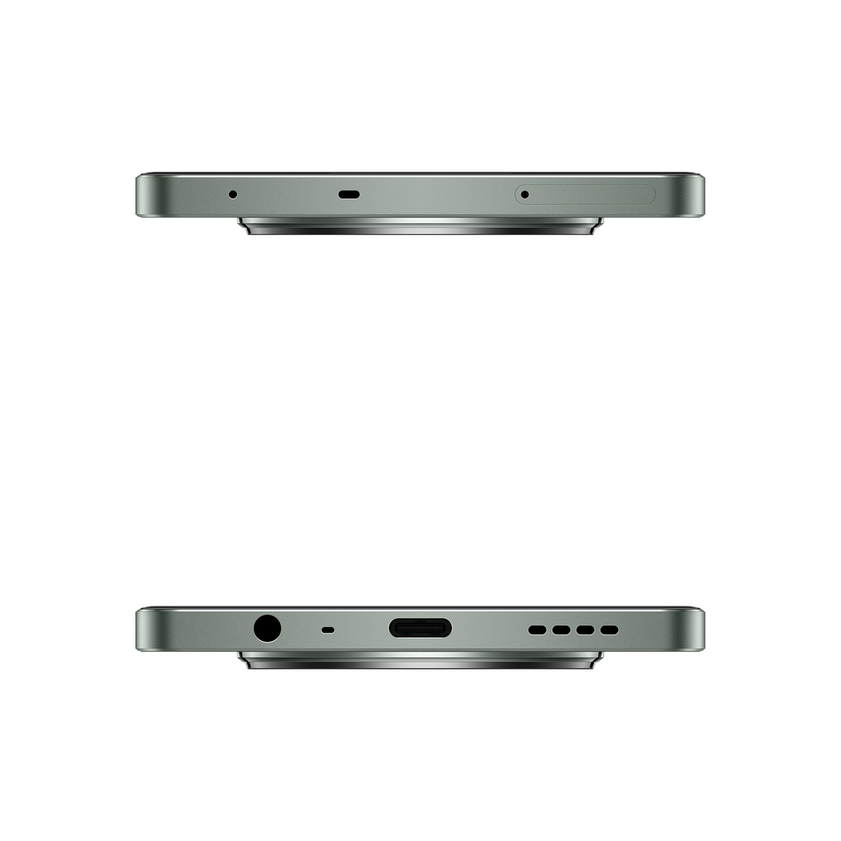 Zbliżenie góry i dołu zielonego telefonu. Design jest okrągły z aparatami.