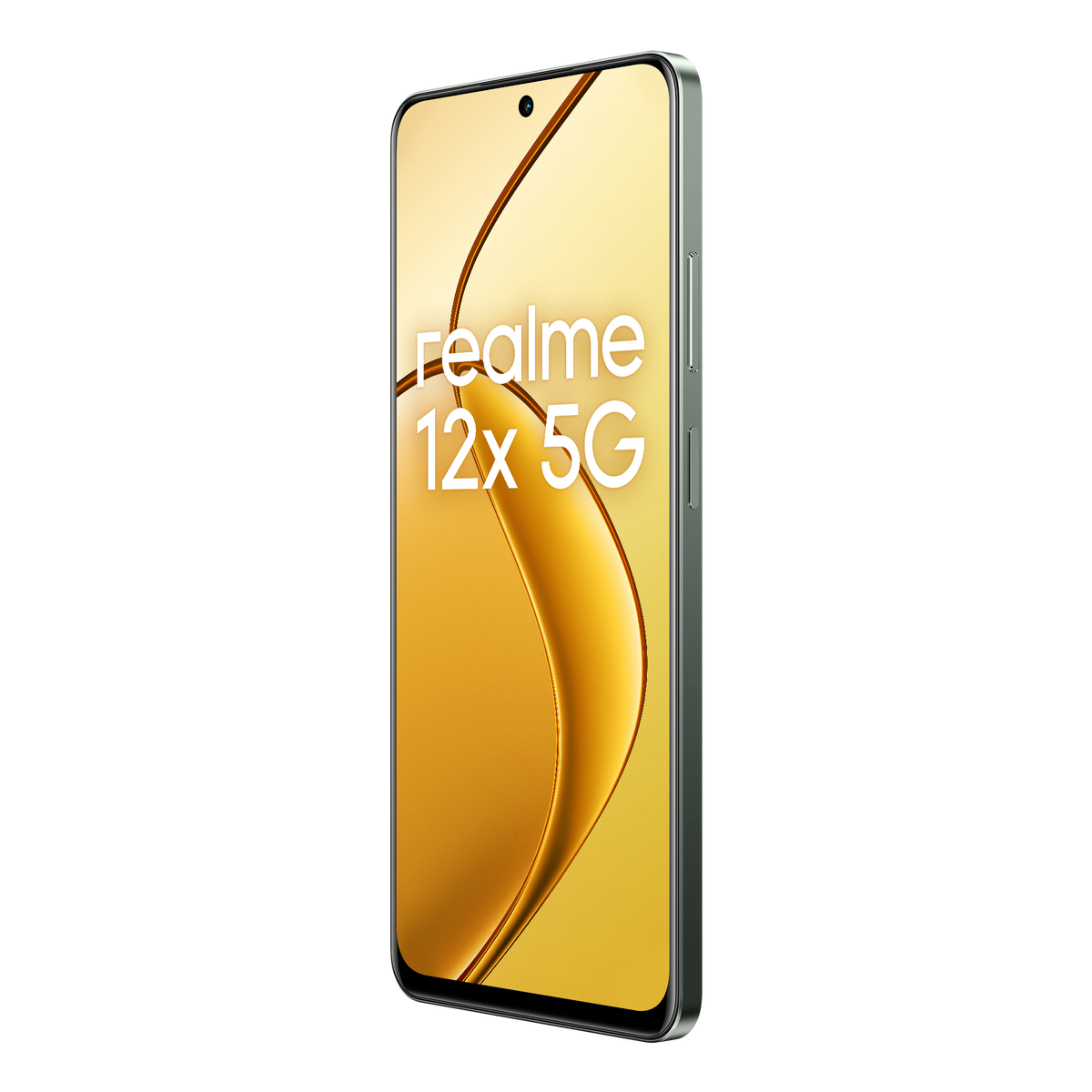 Smartfon, Realme 12x 5G, zielona ramka, złoty ekran i czarne tło. Ekran wyświetla tekst.