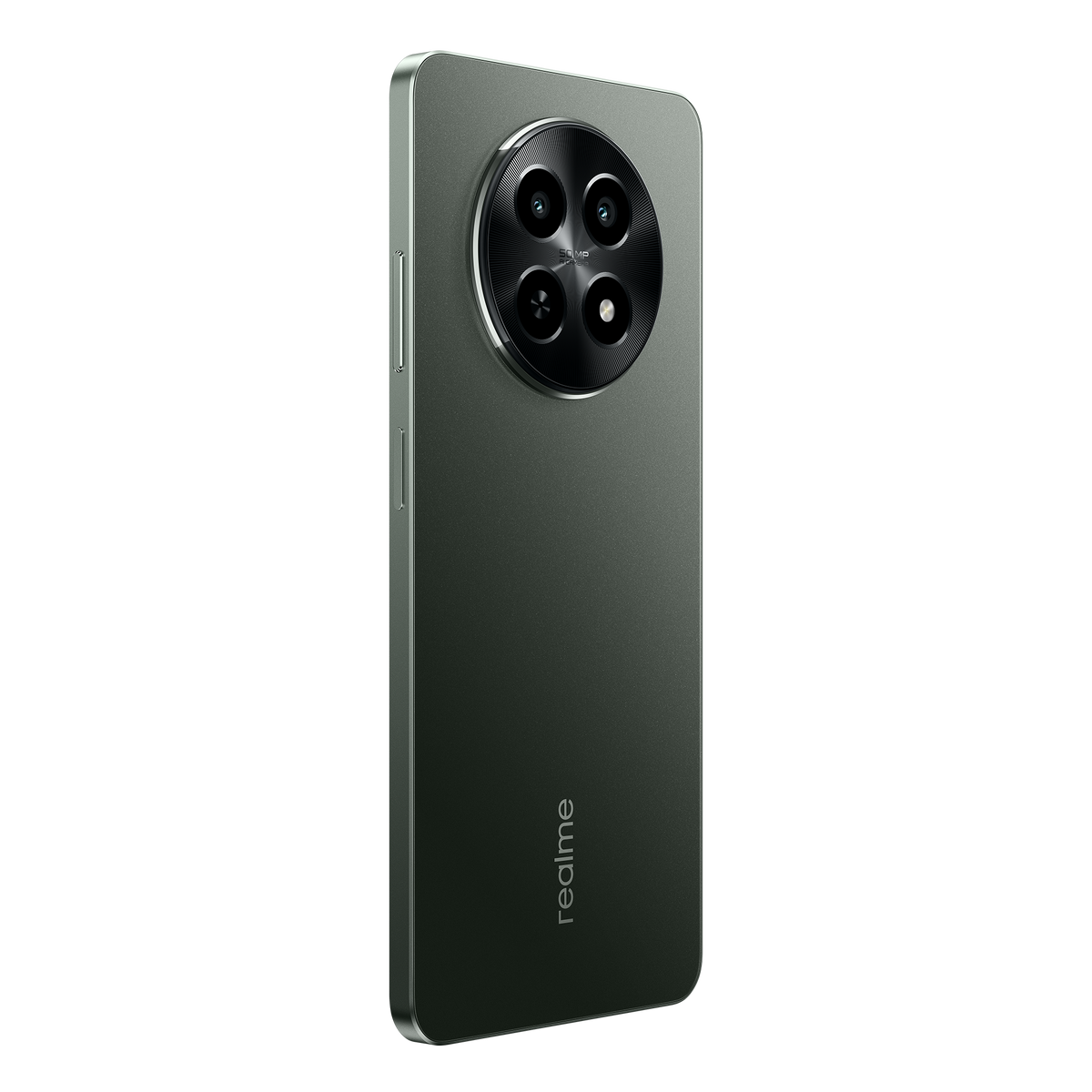 Zielony smartfon z zestawem aparatów. Czarne tło. Logo Realme na dole.