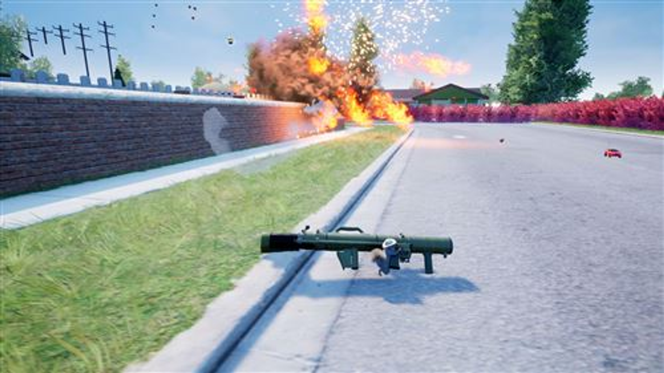 Wojskowy RPG leżący na ulicy, z eksplozją i ogniem w tle.